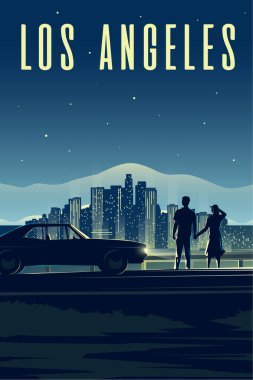 Los Angeles demek. Kadın ve erkek gece şehrine bakın. Birbirine aşık bir çift. Şehir manzarası.