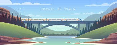 Buharlı lokomotif, tatil, dağ manzarası, tren yolu, macera. Gün batımı. Nehir üzerindeki köprü..