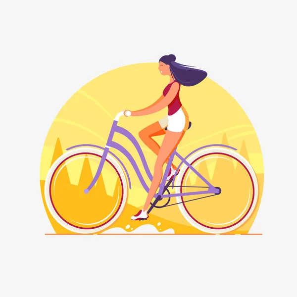 Una mujer monta en bicicleta. Paisaje urbano . — Vector de stock