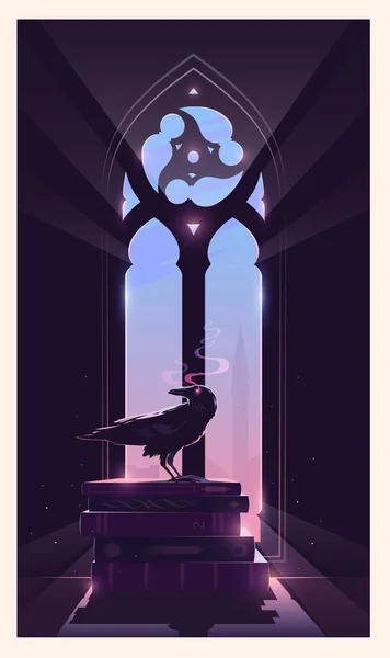 The raven is sitting on the books. Gothic window. The keeper of secrets. — Stock Vector