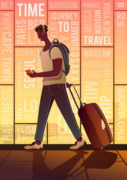 Ένας Τρέβελερ σε ένα αεροδρόμιο. Σε όλο τον κόσμο. Διάνυσμα επίπεδη μοντέρνα αφίσα. Ηλιοβασίλεμα. — Διανυσματικό Αρχείο