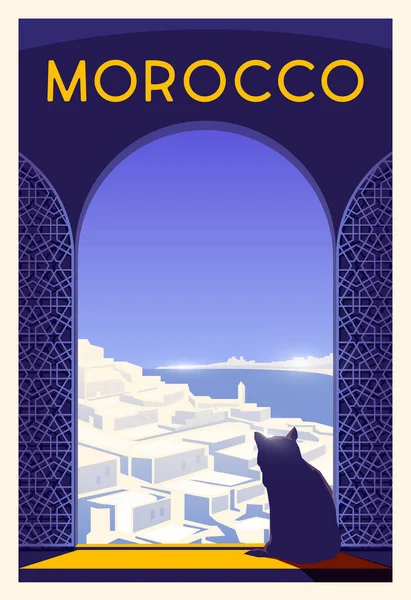 Tiempo para viajar. En todo el mundo. Cartel vectorial calidad. Marruecos . — Archivo Imágenes Vectoriales