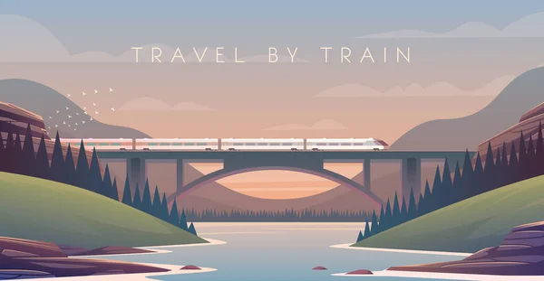 Steam locomotive, vacation, mountain landscape, railway, adventure. Sunset. The bridge across the river. — Stock Vector