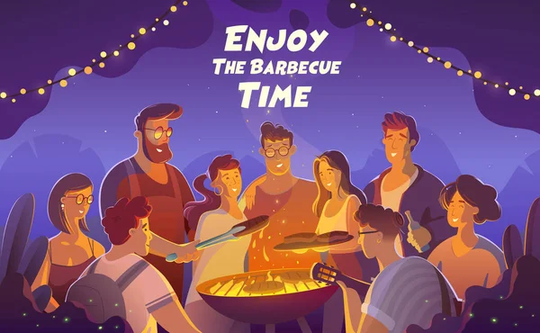 Personnes et concept de nourriture - amis heureux ayant de la viande pour le dîner à la fête de jardin d'été la nuit . — Image vectorielle