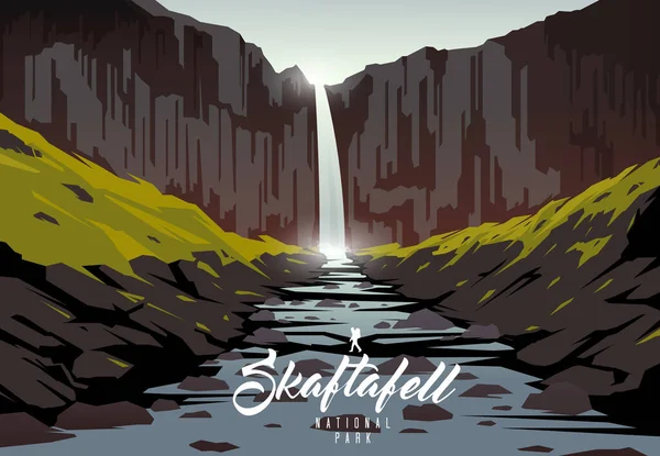 Parque Nacional Skaftafell. Natureza da Islândia. Cachoeira Svartifoss . — Vetor de Stock