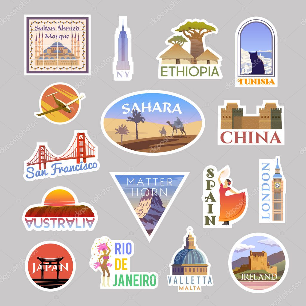 Set of vector travelling stickers. Around the world. Collection include, Turkey, the USA, Ethiopia, Tunisia, the Sahara, China, Spain, the UK Ireland Australia Brazil Malta Japan