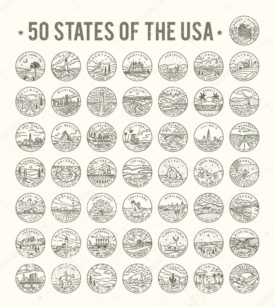 50 States of the USA. Big vector line logo bundle. 2
