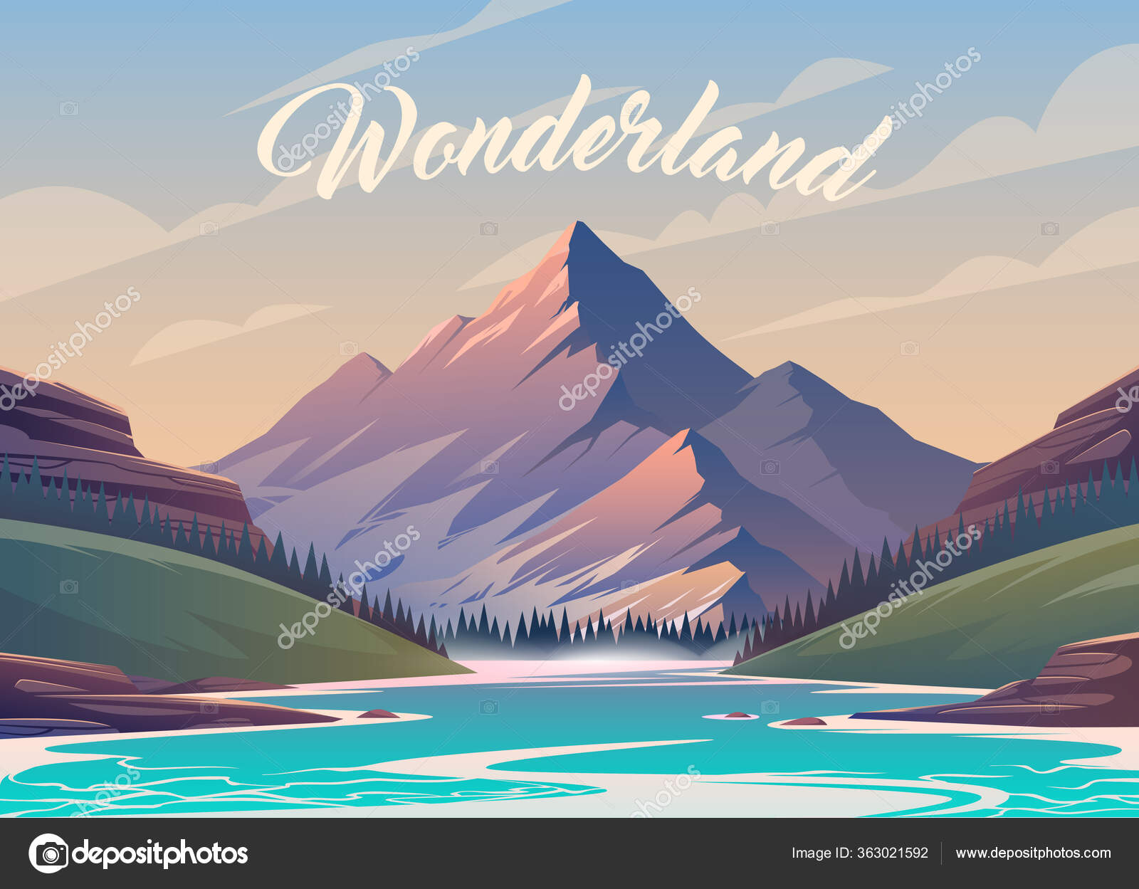 Ilustração vetorial. Vista emocionante. Uma grande montanha está rodeada de  rio. 2 Vetor de ©mikalaimanyshau 363021592, image size:1600x1249