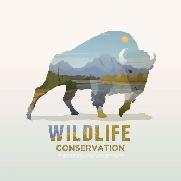 Vector illustratie over de thema 's van wilde dieren van Amerika, overleven in het wild, jagen, kamperen, trip. Berglandschap. Rundvlees. — Stockvector