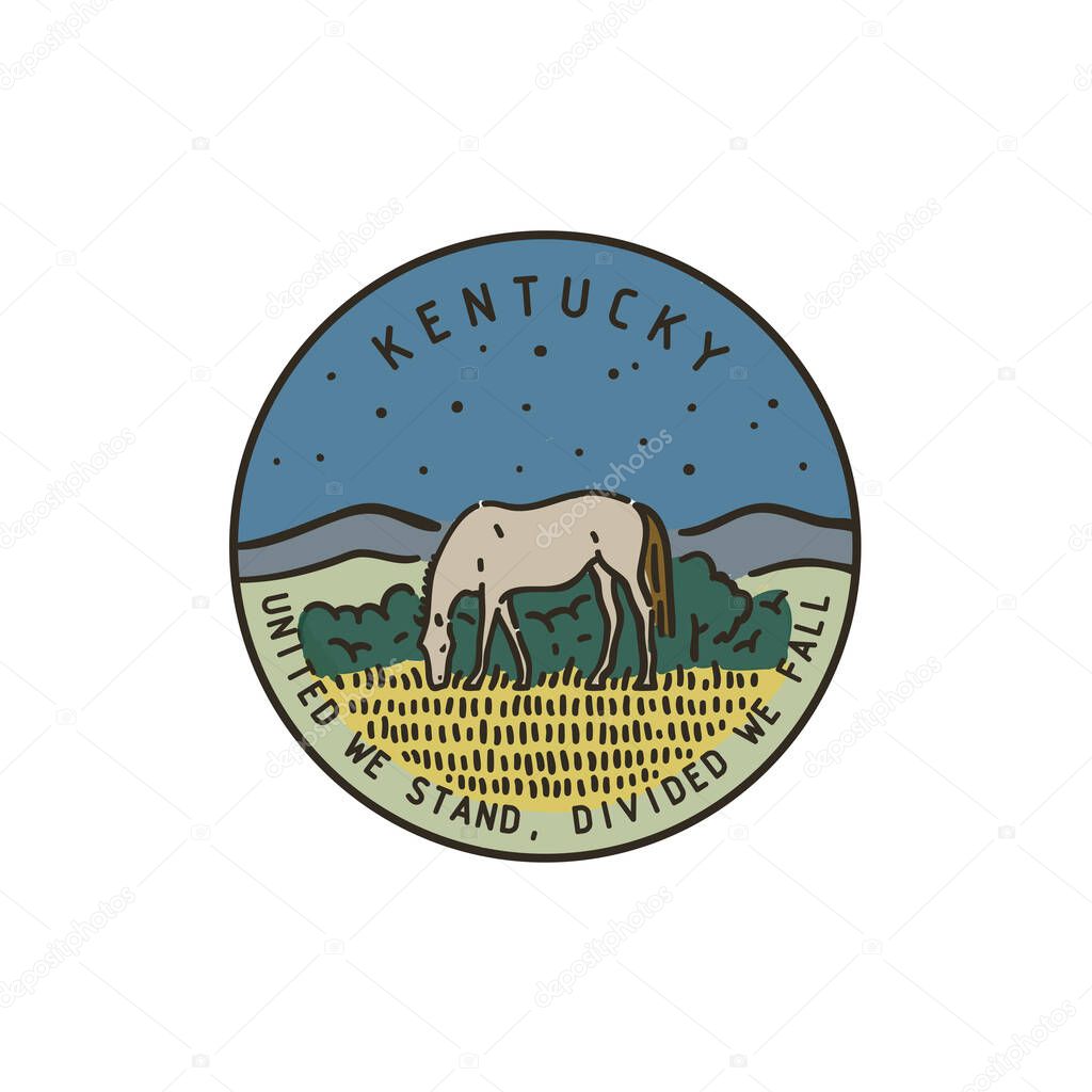 Vintage vector round label. Kentucky. River Eating horse