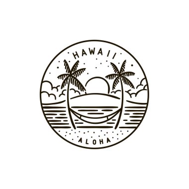 Vintage vektör yuvarlak etiketi. Hawaii mi? Günbatımı Tropikal