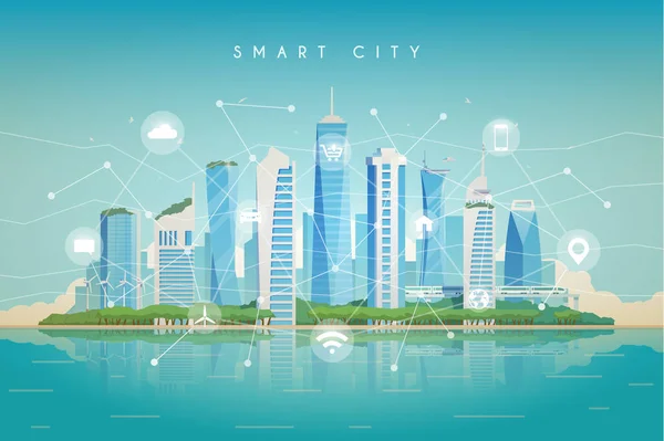 Illustrazione piatta vettoriale. Una città intelligente. Edifici moderni. Green City. Icone di wifi, internet, comunicazione, posizioni, noleggio auto, shopping di tecnologia per smart city concettuale . — Vettoriale Stock