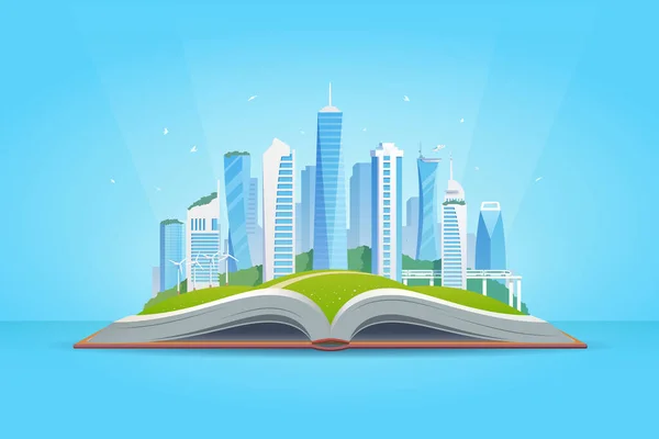 Open book with smart city. Modern buildings. Green city. — Stock Vector