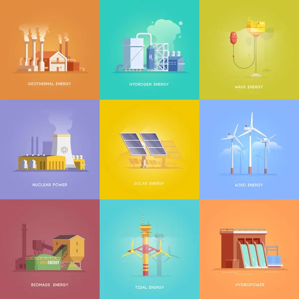 Conjunto de ilustraciones sobre los temas de energía alternativa, nuclear, hidroeléctrica, biomasa, marea, solar, eólica, geotérmica, hidrógeno y energía de las olas. ilustraciones vectoriales — Vector de stock