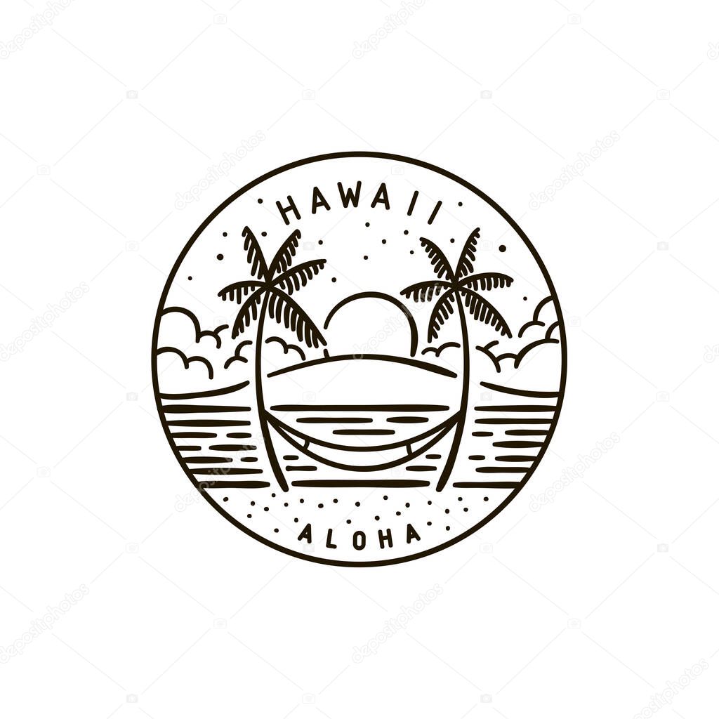 Vintage vector round label. Hawaii. Sunset Tropical