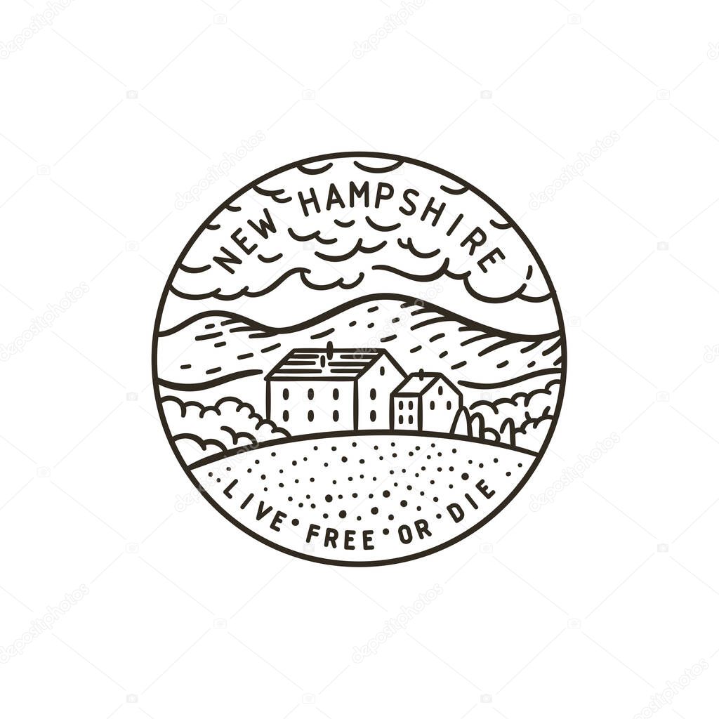 Vintage vector round label. New Hampshire. Mountains