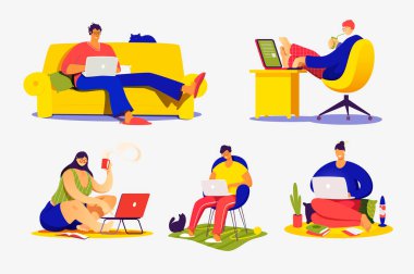 Temalar üzerine bir dizi düz vektör konsepti çizimleri: serbest çalışmak, evde para kazanmak, İnternet, başarı, uzaktan çalışma. Dizüstü bilgisayarlarda çalışan serbest çalışanlar..