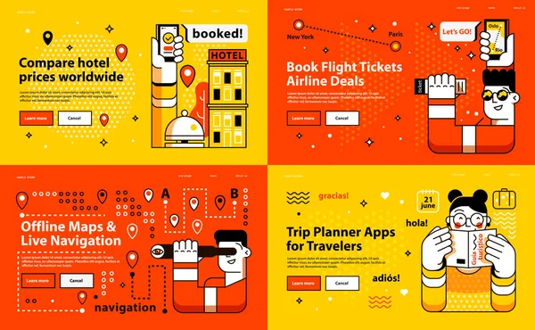 Vier Vectorlandingspagina Hotelboeking Vliegtickets Boeken Offline Kaart Navigatie Reisplanner Apps — Stockvector