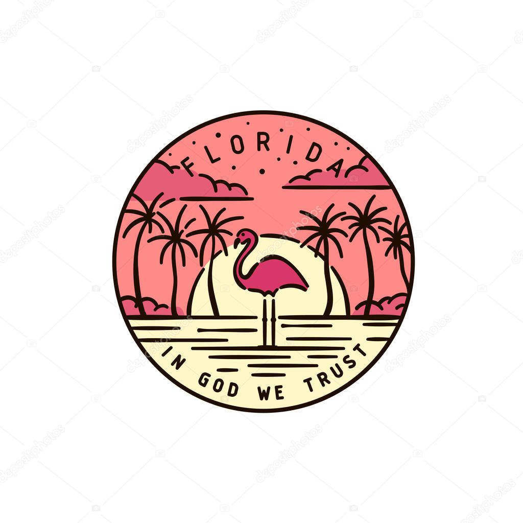 Vintage vector round label. Florida Flamingo Sunset