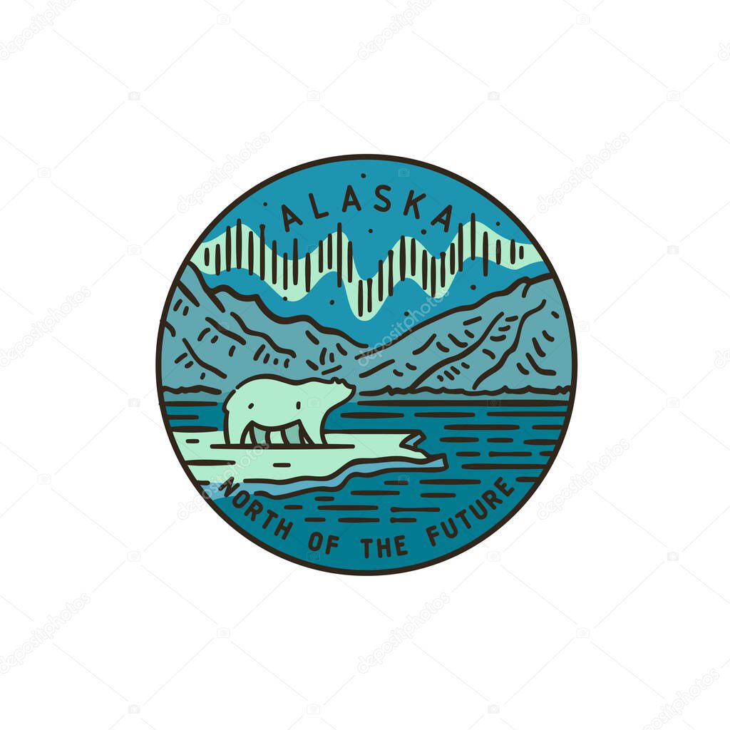 Vintage vector round label. Alaska. White bear. Aurora Borealis