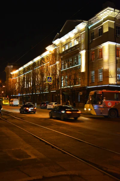 Gece Dmitry Yavornitsky Bulvarı Boyunca Şehir Merkezinde Dinyeper Demiryolu Nun — Stok fotoğraf
