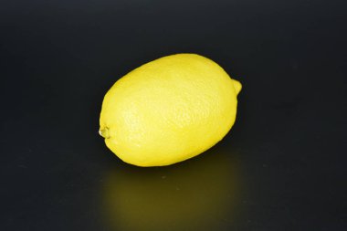 Siyah plastik zemin üzerinde büyük, olgun, parlak sarı bir limon yatar. Lezzetli ve ekşi meyveler, her gün sağlıklı yiyecekler..