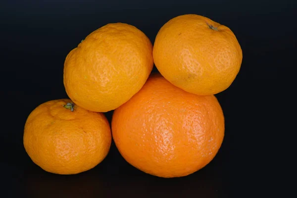 Tasty Healthy Fruits Three Tangerines One Mineral Located Black Plastic — 스톡 사진