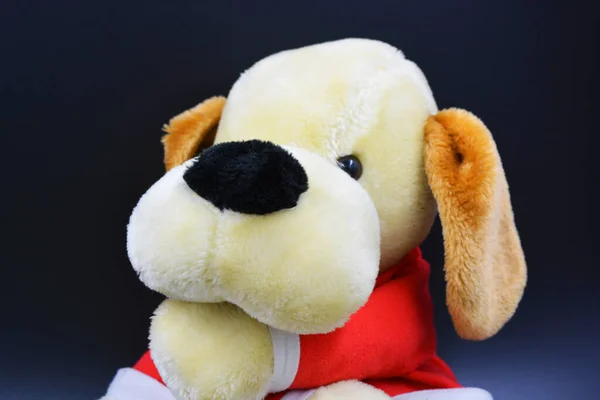 Мягкая Детская Игрушка Плюшевая Собака Красном Ковре Коричневые Уши Расположены — стоковое фото