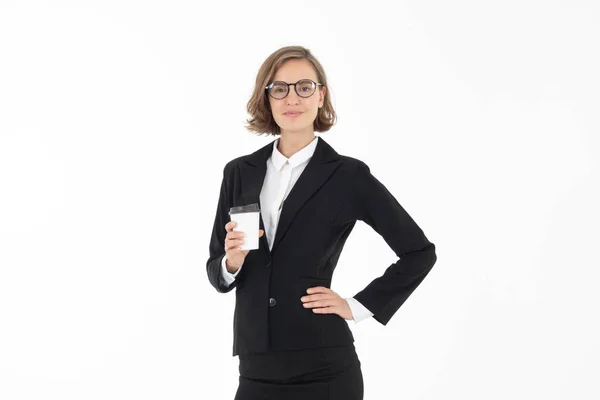 Portrait of smiling business woman holding a coffee cup , isolat — Stock Photo, Image