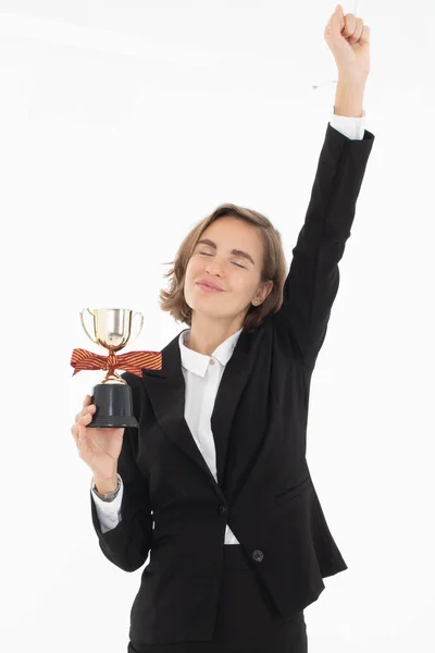 Portrait of successful business woman hoding trophy on white iso — Stock Photo, Image