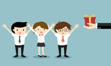 İş konsepti, Hand iş adamlarına bir hediye kutusu sunar. Vektör illüstrasyonu.