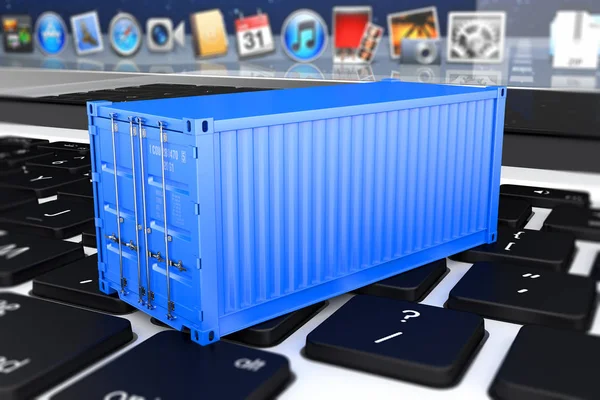 Container på laptop tangentbord 3d — Stockfoto