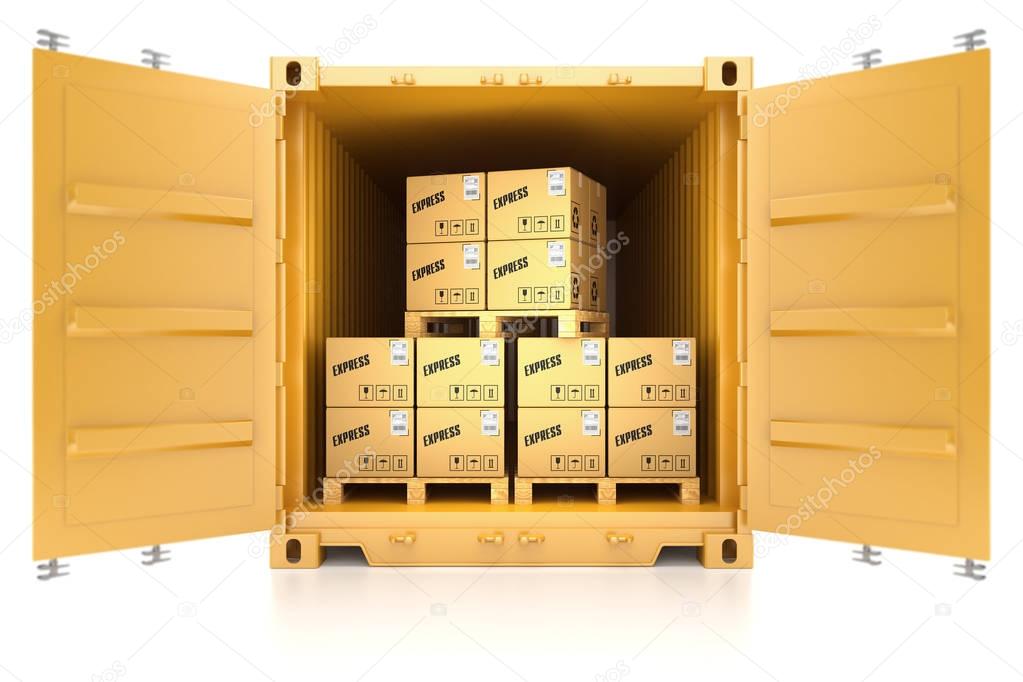 container with boxes isolated on white background 3d