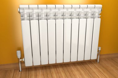 Kalorifer RADYATÖRÜ sarı duvar içinde ev. 3D görüntü