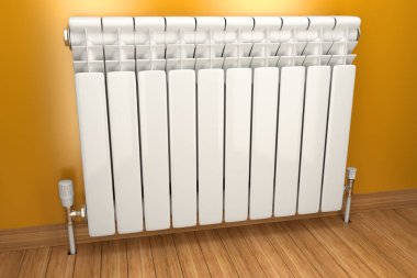 Heater radiator on yellow wall in house. 3d image clipart