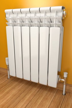 Kalorifer RADYATÖRÜ sarı duvar içinde ev. 3D görüntü