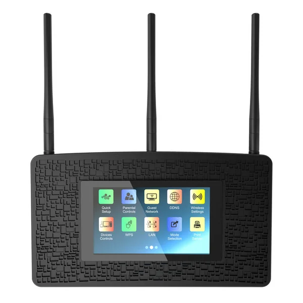 Negru router wireless Wi-Fi izolat pe fundal alb — Fotografie, imagine de stoc