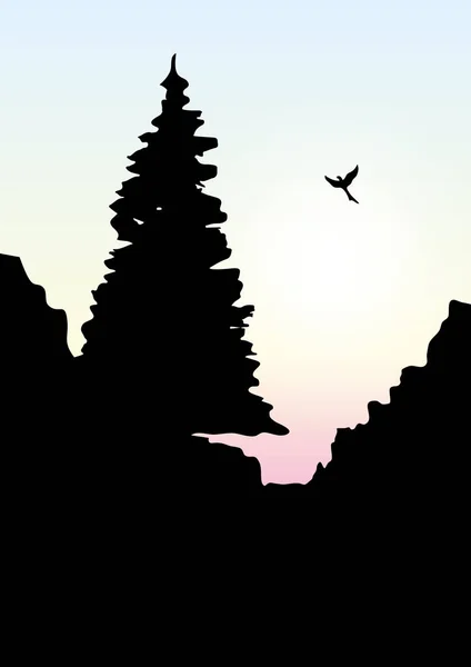 Montagnes vectorielles et paysage forestier tôt au coucher du soleil . — Image vectorielle