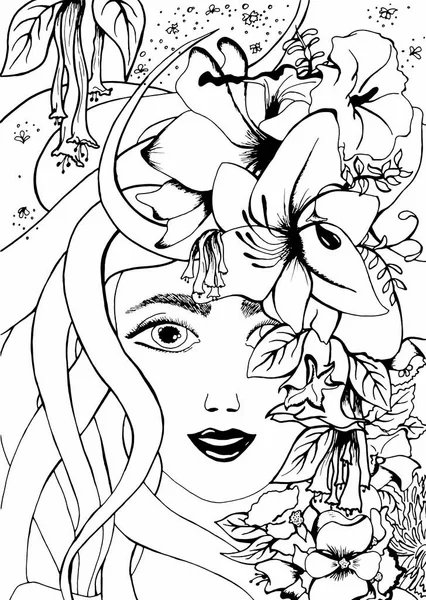 Wektor ilustracja zentangl dziewczyna z kwiatami we włosach. Doodle, rysunek. Kolorowanka anty stres dla dorosłych. — Wektor stockowy