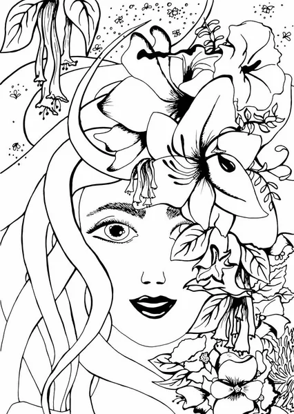 Ilustración vectorial chica zentangl con flores en el pelo. Dibujo Doodle. Libro para colorear anti estrés para adultos . Ilustraciones de stock libres de derechos