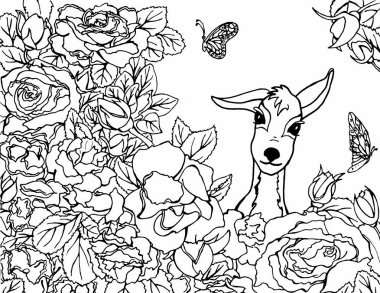 Vektör illüstrasyon kelebek çiçekler ile dekoratif geyik doodle. Zentangle meditasyon boyama kitabı yetişkinler için.