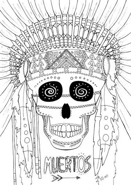 Ilustracja wektorowa Zentangle Dia de Muertos indianer stylu etnicznym. Doodle sztuki. Kolorowanka anty stres dla dorosłych. — Wektor stockowy