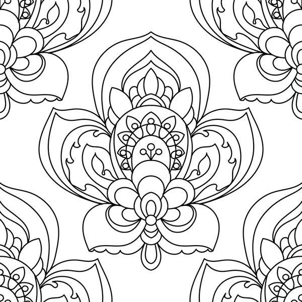 ベクターのシームレスなモノクロ華やかなパターン。手の描かれた曼荼羅テクスチャ、ビンテージ インド スタイルの概要 — ストックベクタ
