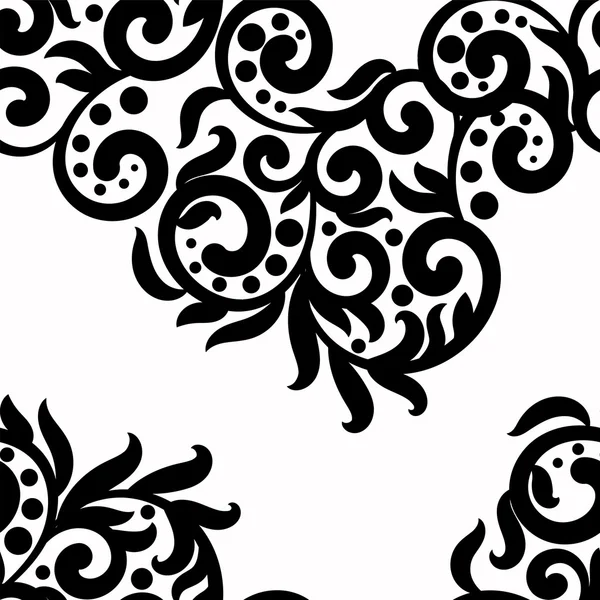 Fondo blanco y negro, adorno de textura de encaje vectorial, patrones ondulados sin costura remolinos monocromáticos, puntos, hojas. Traceria floral — Vector de stock