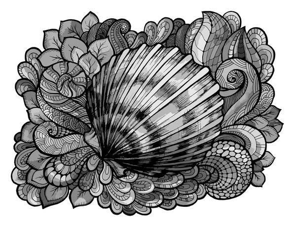 Zentangle stiliserade seashell konturteckningar färgad i olika nyanser av grått. Hand dras vattenlevande doodle vektorillustration. Skiss för tatuering eller makhenda. Ocean liv — Stock vektor