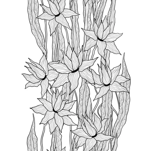 Motif floral vectoriel sans couture. Lys royaux fleurs avec feuilles doodle stylisées. Graphiques noir et blanc. Monochrome . — Image vectorielle