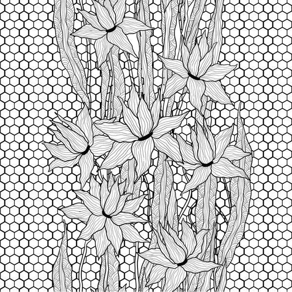 Patrón floral vector sin costuras. Flores de lirios reales con hojas de garabato estilizadas en encaje de celosía. Gráficos en blanco y negro. Monocromo . — Archivo Imágenes Vectoriales