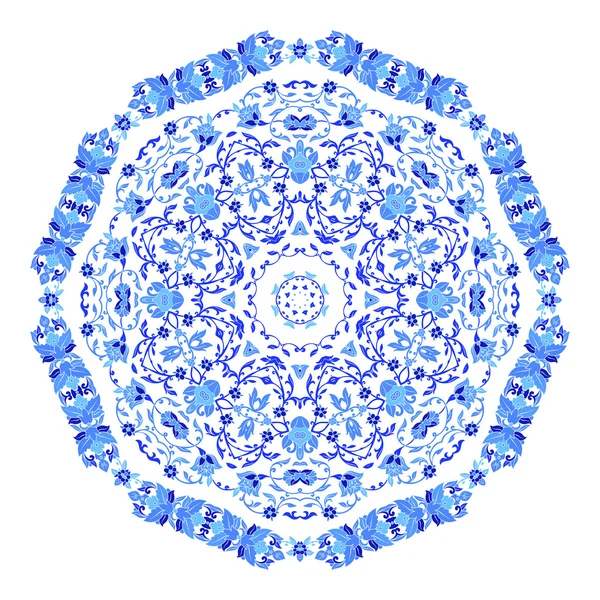 Adorno indio redondo, patrón floral caleidoscópico, mandala. Diseño hecho en estilo gzhel ruso y colores — Vector de stock