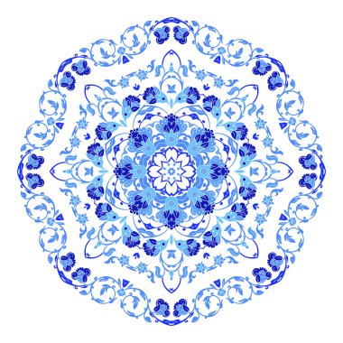 Hint takı, sürekli değişen çiçek desenli, mandala yuvarlak. Rus gzhel stil ve renkleri yapılan tasarım