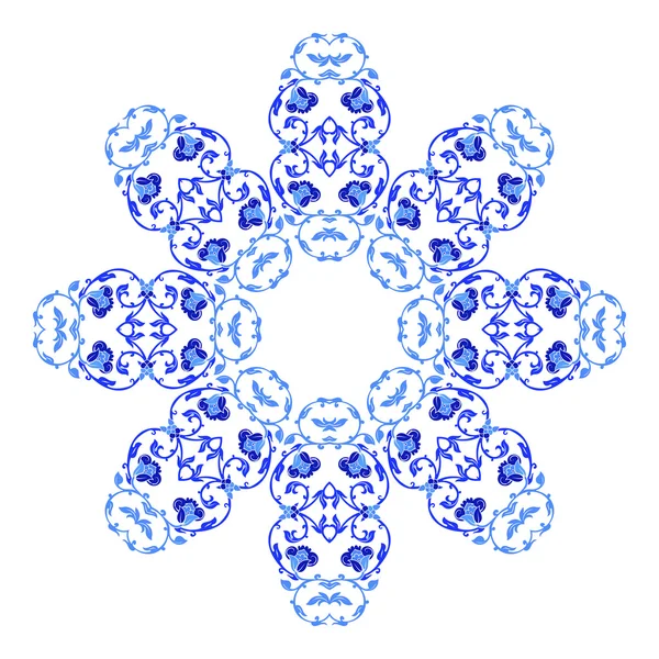 Adorno indio redondo, patrón floral caleidoscópico, mandala. Diseño hecho en estilo gzhel ruso y colores — Vector de stock